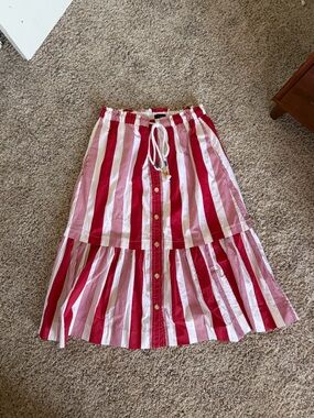 J. Crew Red and White Striped Tiered Button-Front Skirt